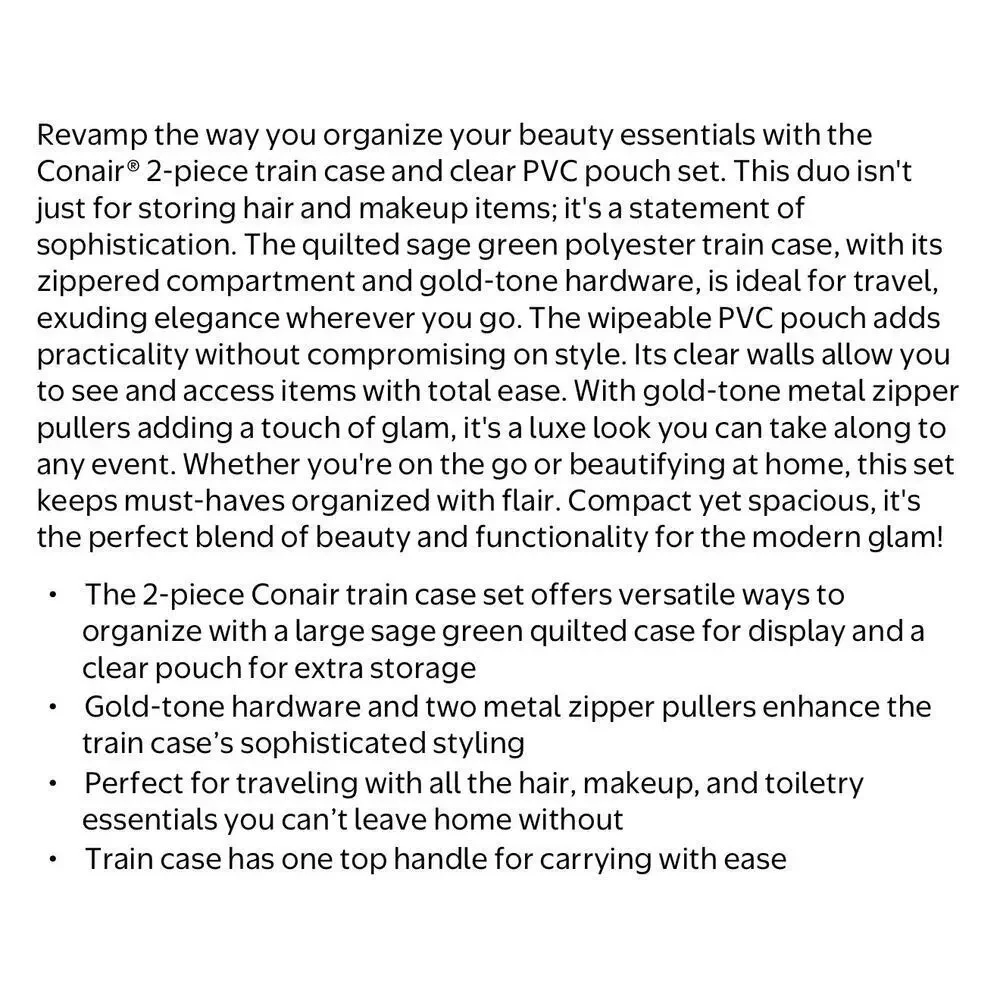 Conair Train Case Quilt 2 Piece Sage Green Cosmetic Bag